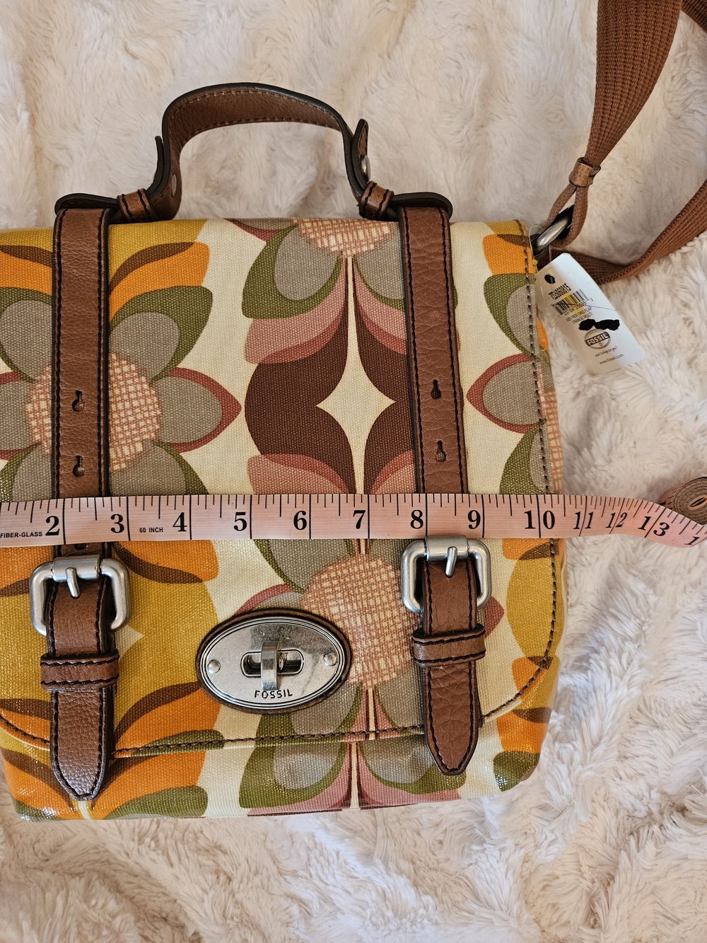 Fossil☆Key-Per☆Retro Floral Canvas Crossbody Bag in Brown and Mustard - Picture 8 of 13